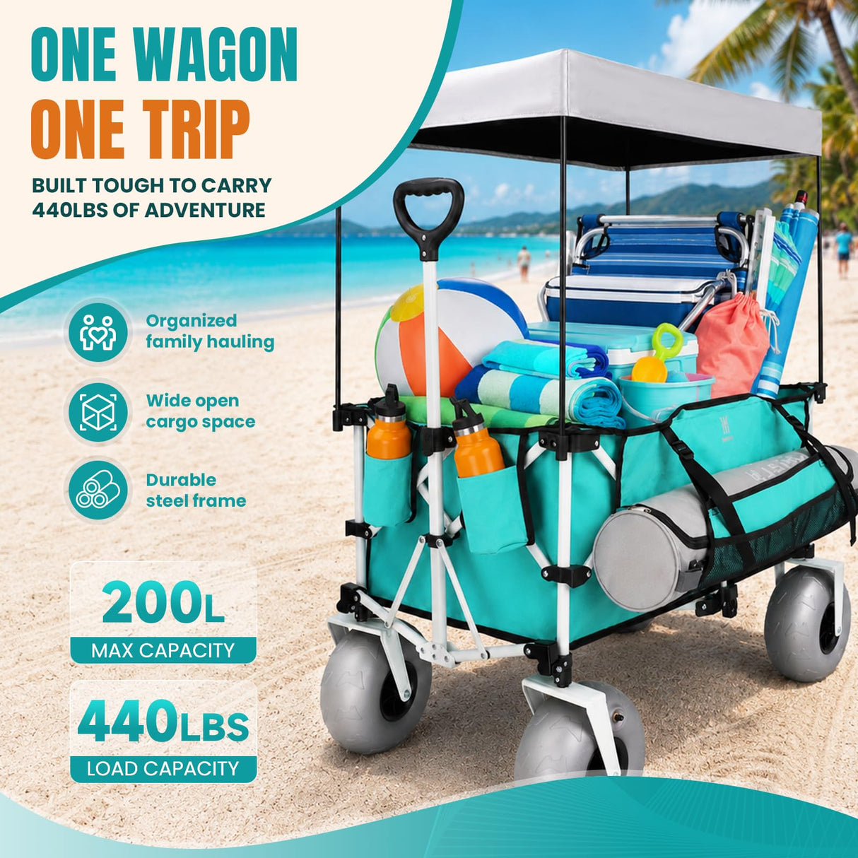 Navatiee Beach Wagon with Big Balloon Wheels for Sand, 200L Extra Large Beach Cart with Canopy, 440Lbs Heavy Duty Folding Wagon Collapsible with 9" Tires & Side Pocket for Beach, Outdoor, Light Blue