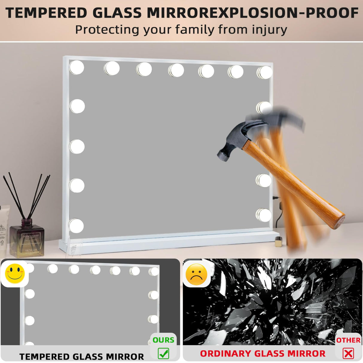 Fenair Vanity Mirror with Lights and Speaker Hollywood Speaker Support Answer Call, Touch Screen, 3 Color Modes Tabletop 15 Dimmable Bulbs