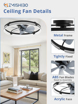 ZMISHIBO 24 Inch Low Profile Ceiling Fans with Lights and Remote, 3000K-6000K Dimmable Fandelier LED Fan Light, Flush Mount Ceiling Fan with Light, 6 Wind Speeds Ceiling Fans for Bedroom- Black
