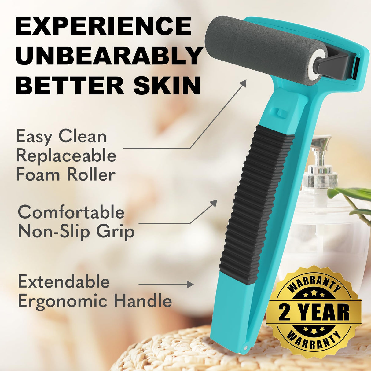 bearback Lotion Applicator for Back & Body – Apply Lotion, Cream, Sunscreen, Self Tanner, Medication, Ointment – Long Reach Folding Handle Roller – American Small Business (Teal)