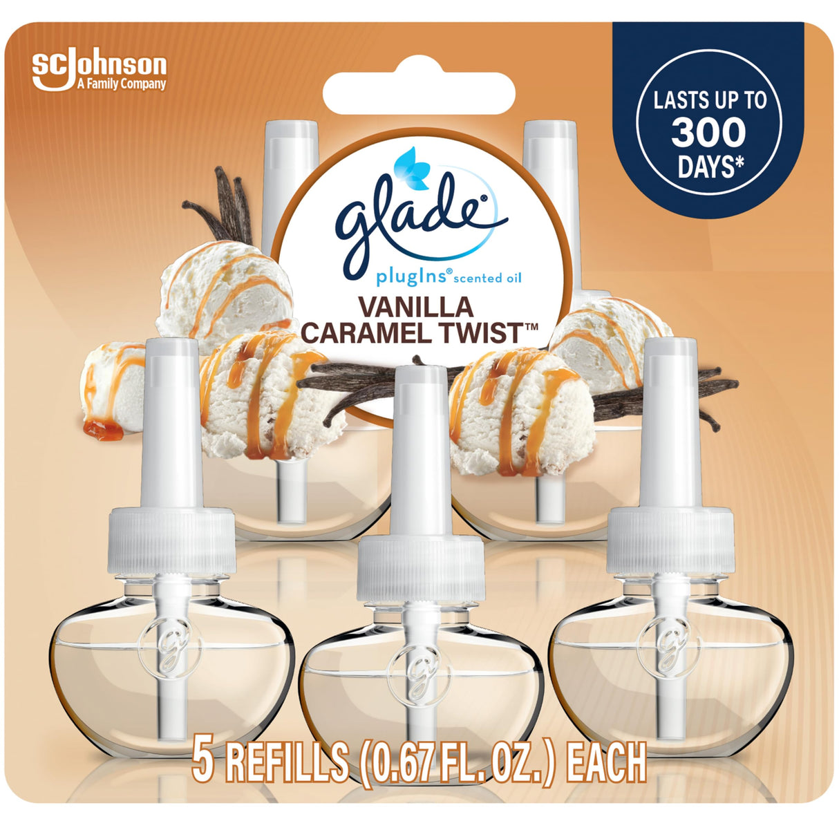 Glade PlugIns Refills Air Freshener, Scented and Essential Oils for Home and Bathroom, Vanilla Caramel Twist, 3.35 Fl Oz, 5 Count