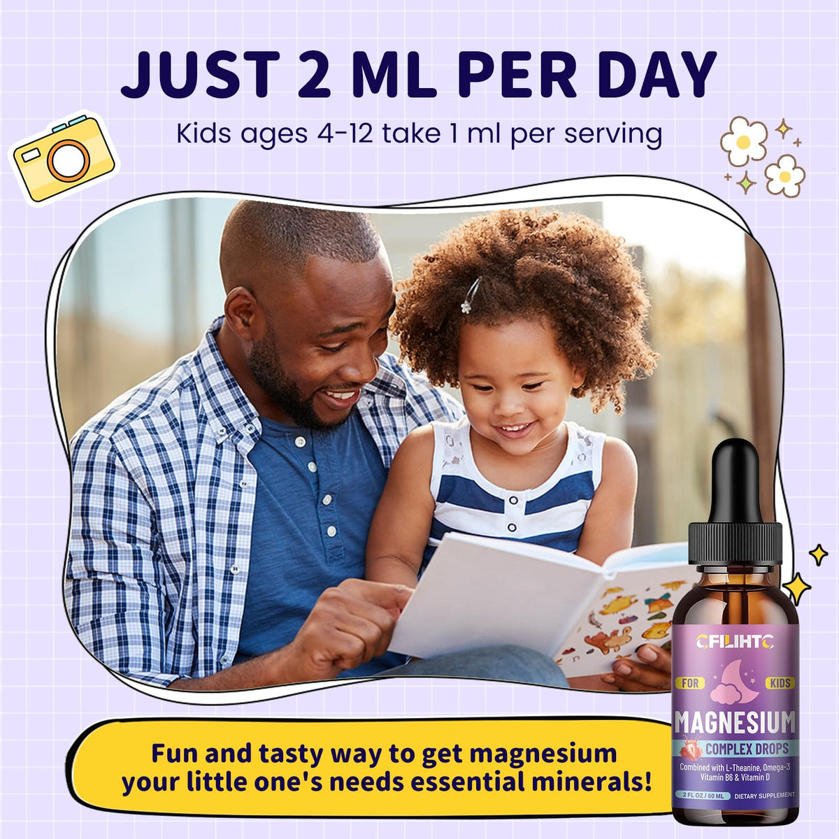Kids Magnesium Liquid Drops-Magnesium Glycinate Liquid for Kids Supplement-w/L-theanine, Omega-3, Vitamin B6, D3 - for Sleep, Relaxation, Brain, Bones - 2 Fl Oz Children's Calm, Strawberry Flavor