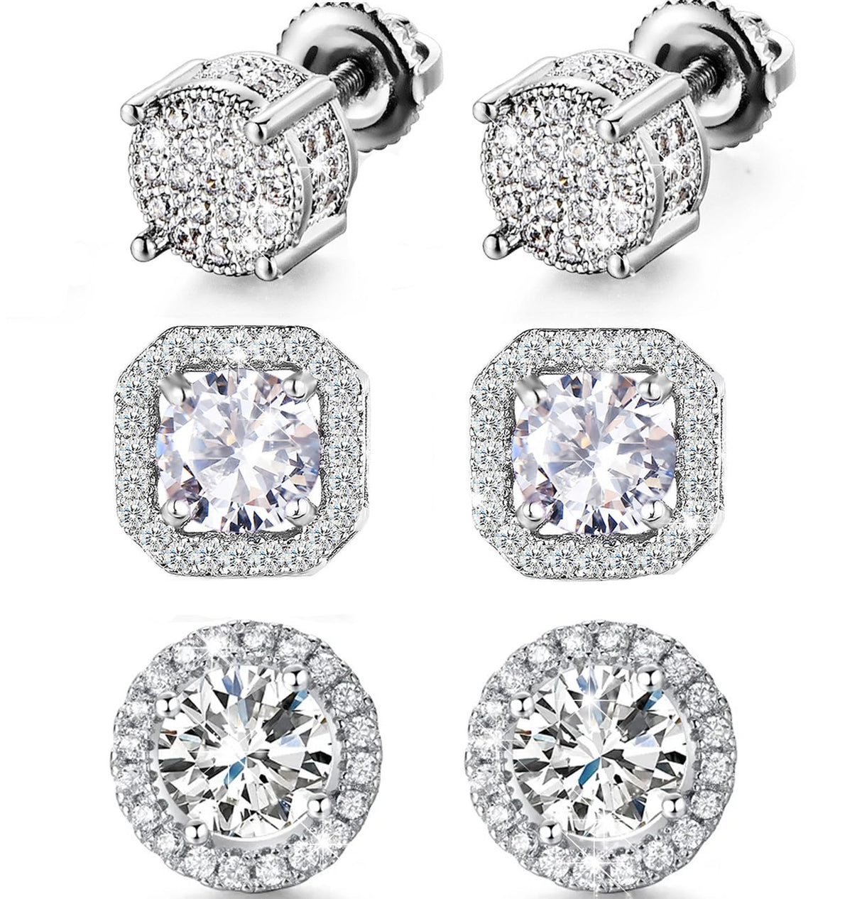 Stud Earrings for Men,18K White Gold Plated Round Square Cubic Zirconia Hypoallergenic Studs Earrings Set for Women (3 Pairs-A+B+C Silver)
