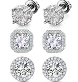 Stud Earrings for Men,18K White Gold Plated Round Square Cubic Zirconia Hypoallergenic Studs Earrings Set for Women (3 Pairs-A+B+C Silver)