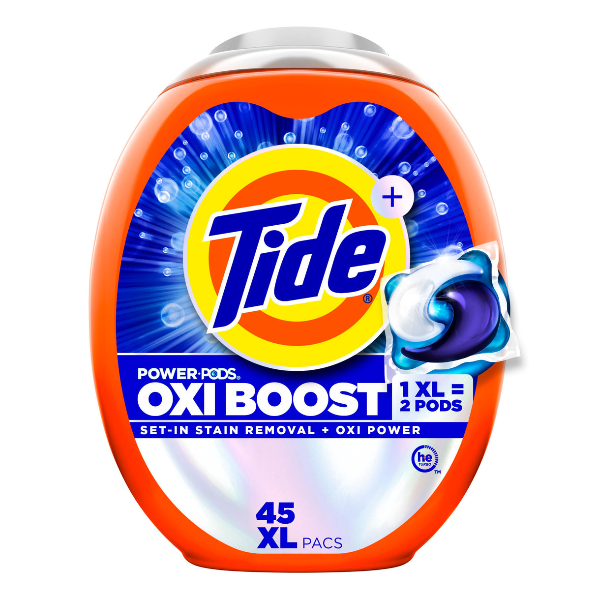 Tide Oxi Boost Power PODS Laundry Detergent Pods, 45 Count, HE Compatible, Stain Remover Plus Oxi Power, Removes Tough Set-In Stains