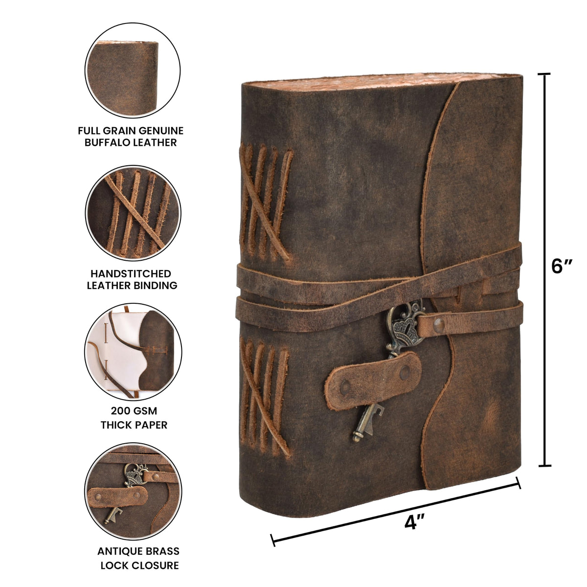 LEATHER VILLAGE Leather Journal Key Lock, Distressed Brown 6x4.