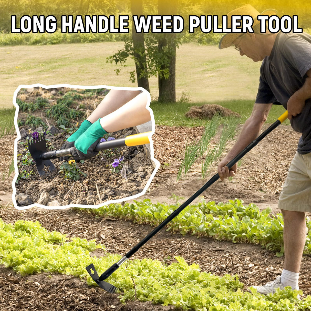BlumeTrec 2-in-1 Weed Rake and Garden Hoe, 68" Weed Puller Tool with Long Handle, Manual Weeds Remover, Heavy Duty Stand Up Weeder Uprooting Weeding Pull Tool for Garden Yard Lawn Patio