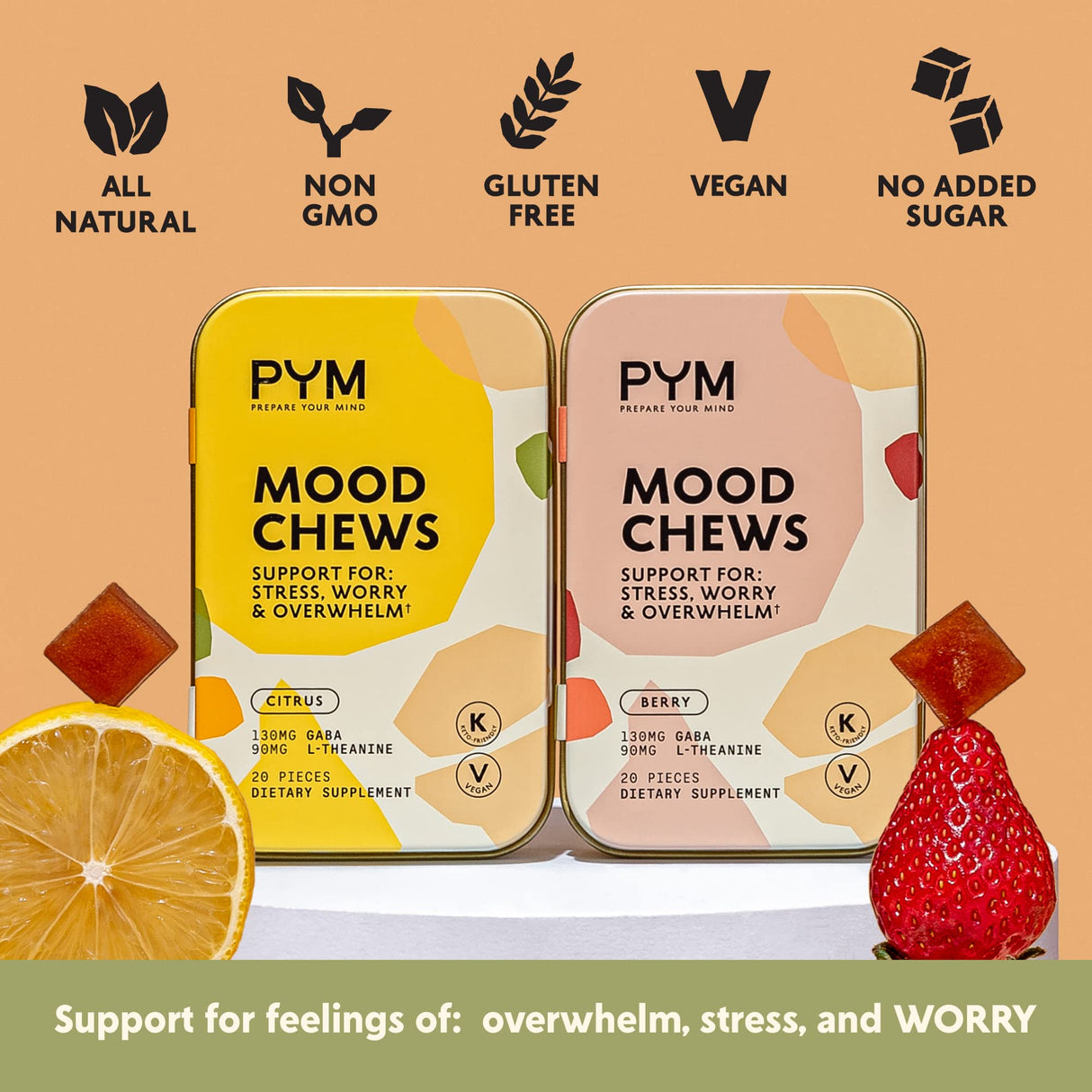 PYM Berry Mood Chews Support for Stress, Worry & Overwhelm, 60 Count | 130mg GABA, 90mg L-Theanine | Vegan, Non-GMO, Gluten-Free, No Added Sugar | All-Natural Mood Balance Supplement Made in USA