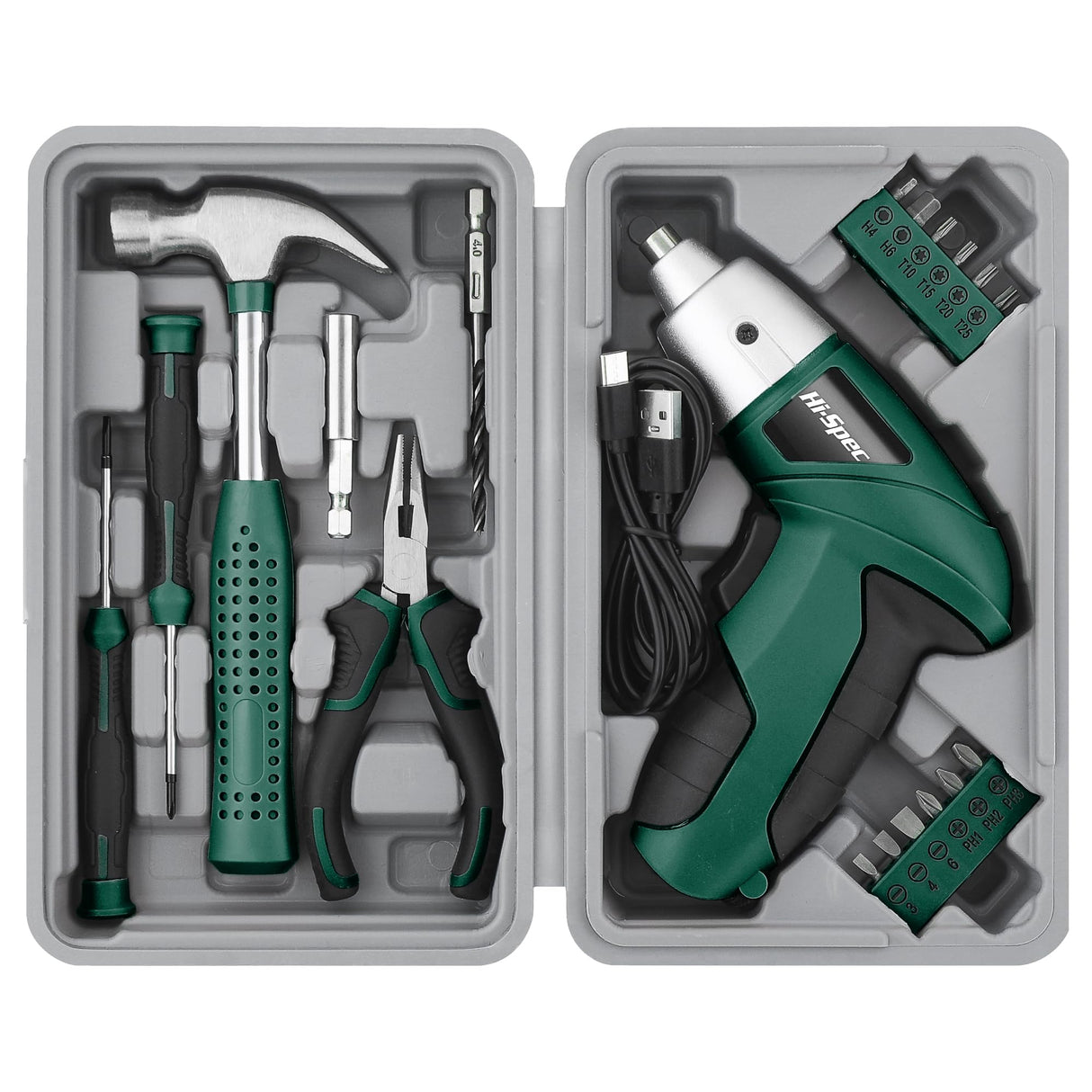 Hi-Spec 3.6V Cordless Electric Screwdriver Set with Interchangeable Bits, Green