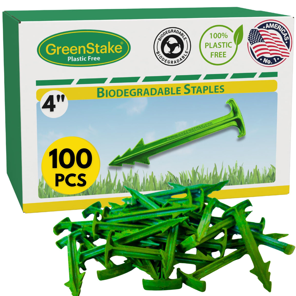 100 ct. Contractor Grade 4-Inch Biodegradable Stakes - Eco-Friendly Sod Staples for Weed Fabric, Landscape Staples & Landscape Fabric, Netting, Gardening and Blanket