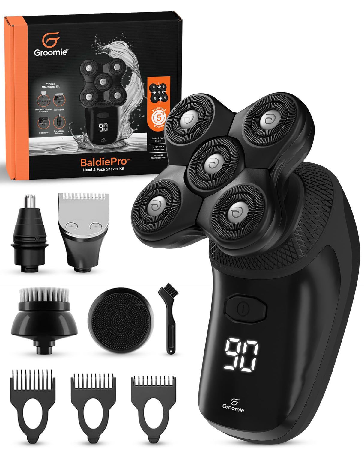 Groomie Cordless Bald Head Shavers for Men, BaldiePro Head Grooming Kit - Ergonomic & Waterproof Head Shavers for Bald Men - Electric Hair Shaver & Head Razor - Men's Rotary Shaver for Smooth Shave