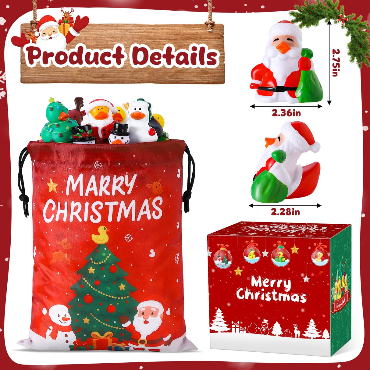 24 Pcs Christmas Rubber Ducks with a Bag, Christmas Stocking Stuffers for Kids, Santa Duckies for Xmas Party Favors Decorations, Ducks for Jeeps Classroom Gift Exchange, Baby Bath Toys