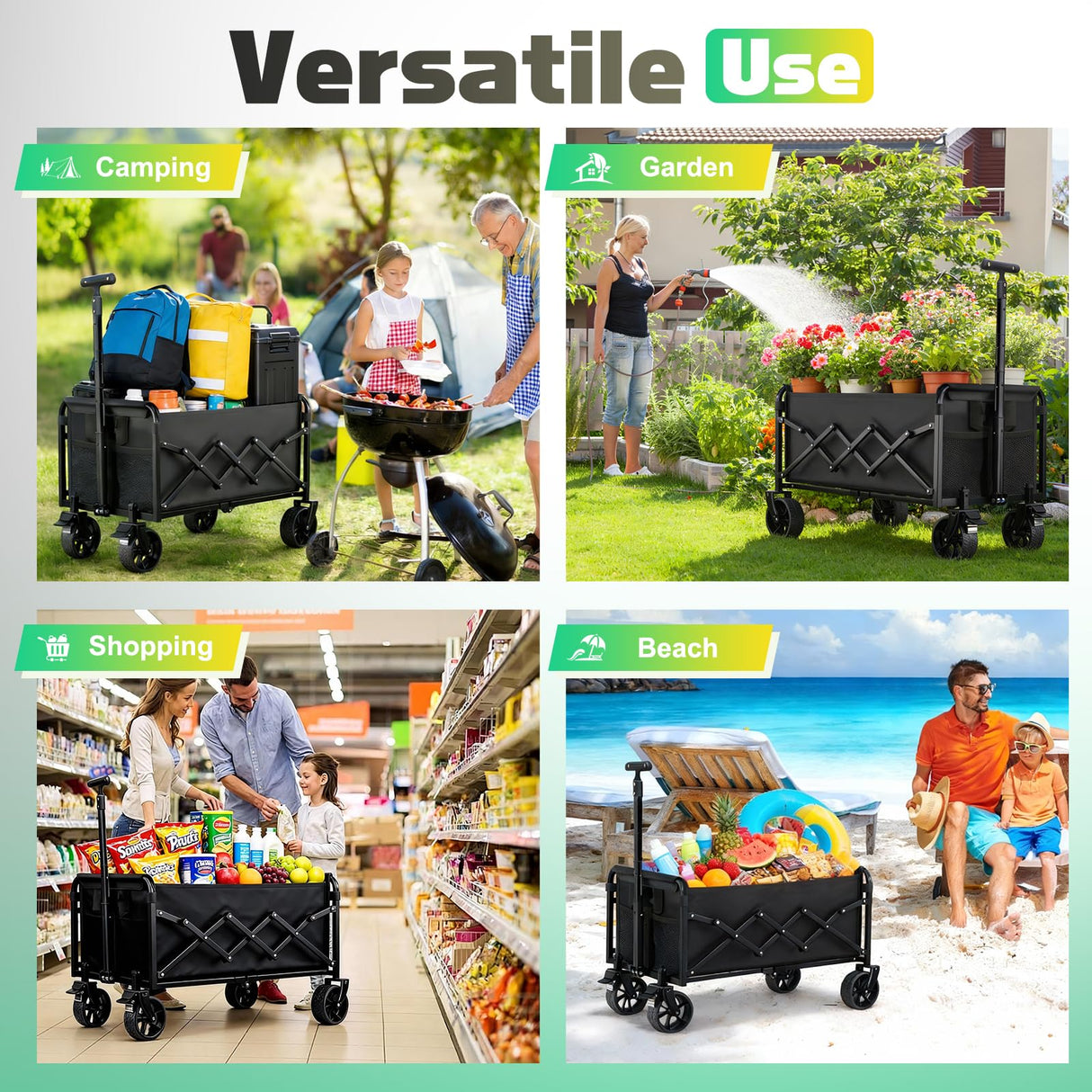 360LBS Collapsible Wagon Cart Foldable Heavy Duty, Shopping Cart with Brake