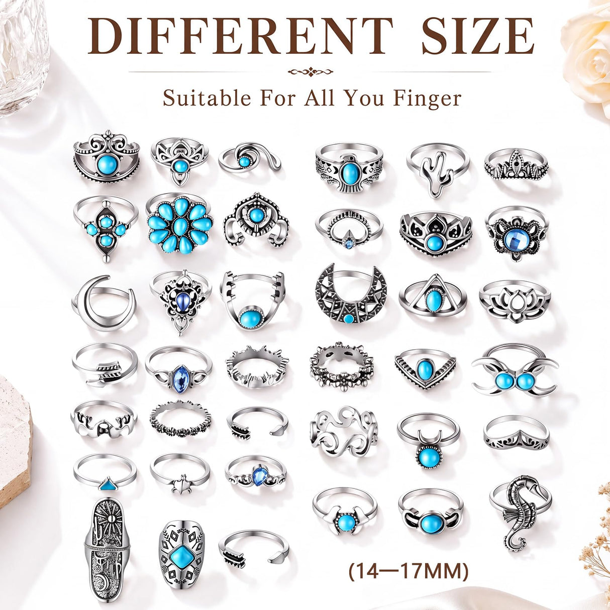 Kigeli 78 Pcs Vintage Turquoise Rings Set Women Western Bohemian Silver Oval Gemstone Boho Joint Knuckle Midi Stacking Rings for Women and Girls