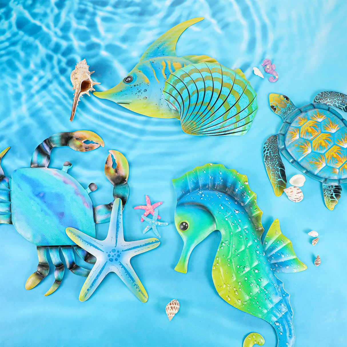 Lounsweer 6 Pcs Metal Fish Wall Art Decor, Ocean Sea Turtle Starfish Wall Sculpture Outdoor Ocean Hanging Decorations for Garden, Pool, Fence, Patio, Bathroom Indoor