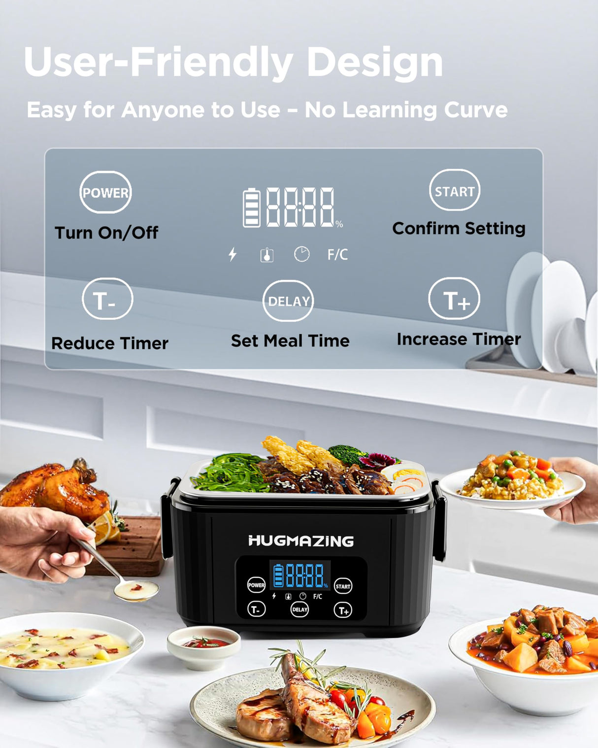 Hugmazing Cordless Electric Lunch Box – Rechargeable Self-Heating Food Warmer with 1100ML SS Container, Battery-Powered Heated Lunch Box, Perfect for Travel, Office Meals for Adults, Men & Women
