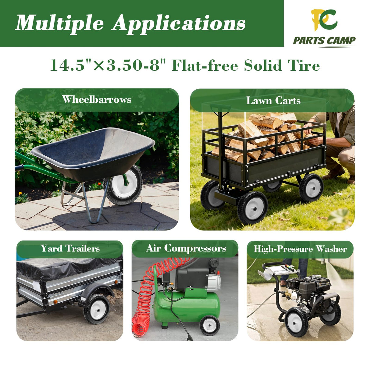 Parts Camp Wheelbarrow Tires,3.50-8" Flat-free Solid Tire and Wheel,Universal Fit 14.5" Wheelbarrow Tire For Garden Carts/Wheelbarrows/Trolley Dolly With 5/8" Axle Bore Hole,3" Centered Hub(2 Pack)