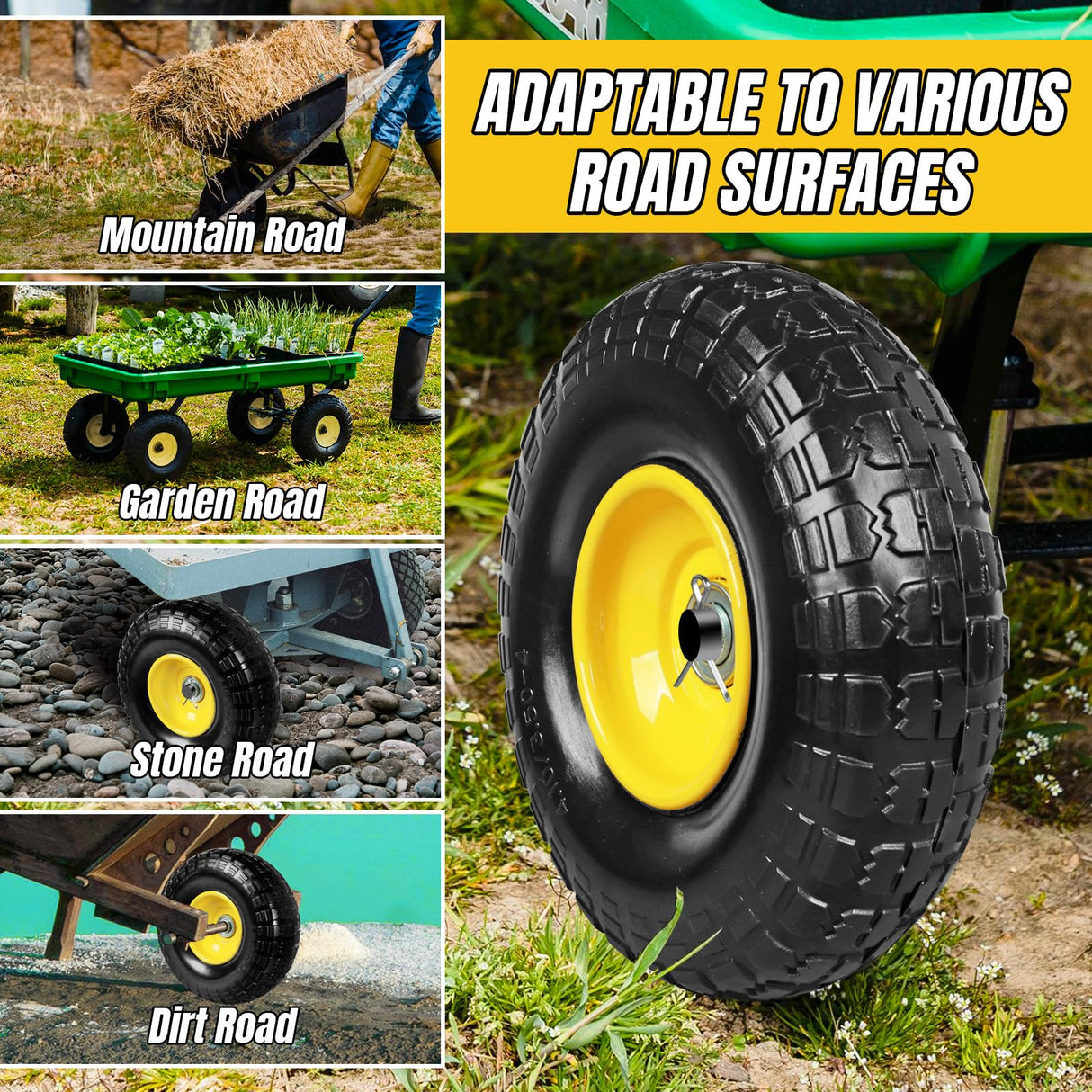 10 Inch Soild Rubber Dolly Tire Wheels, 4.10/3.50-4" Tire and Wheel Flat Free for Garden Carts, 5/8" Bearings,2.1"Offset Hub for Hand Truck, Gorilla Cart, Wheelbarrow Metal (4 Packs)