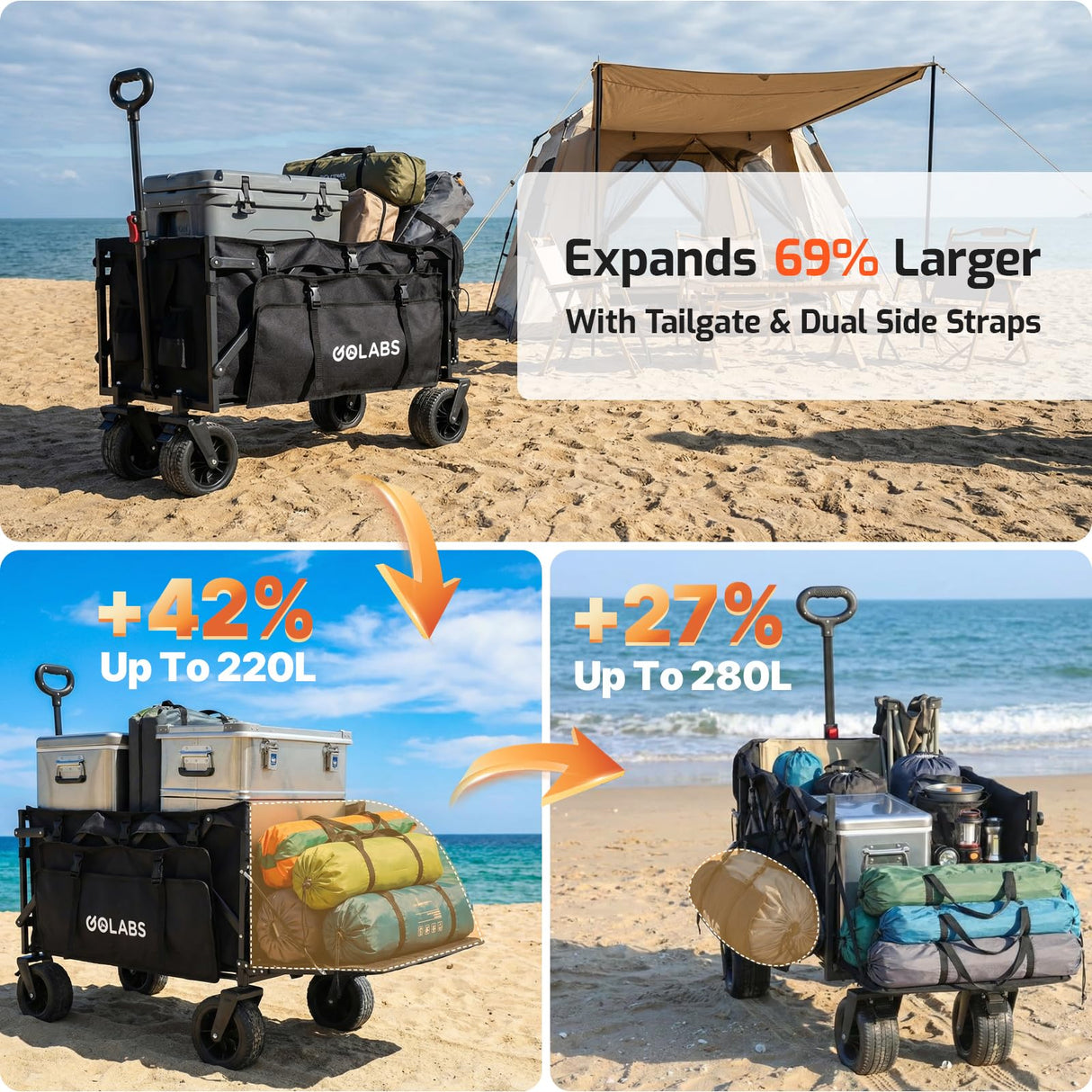 Golabs Collapsible Wagon Cart, 560lbs Load, 280L Heavy Duty Foldable Cart