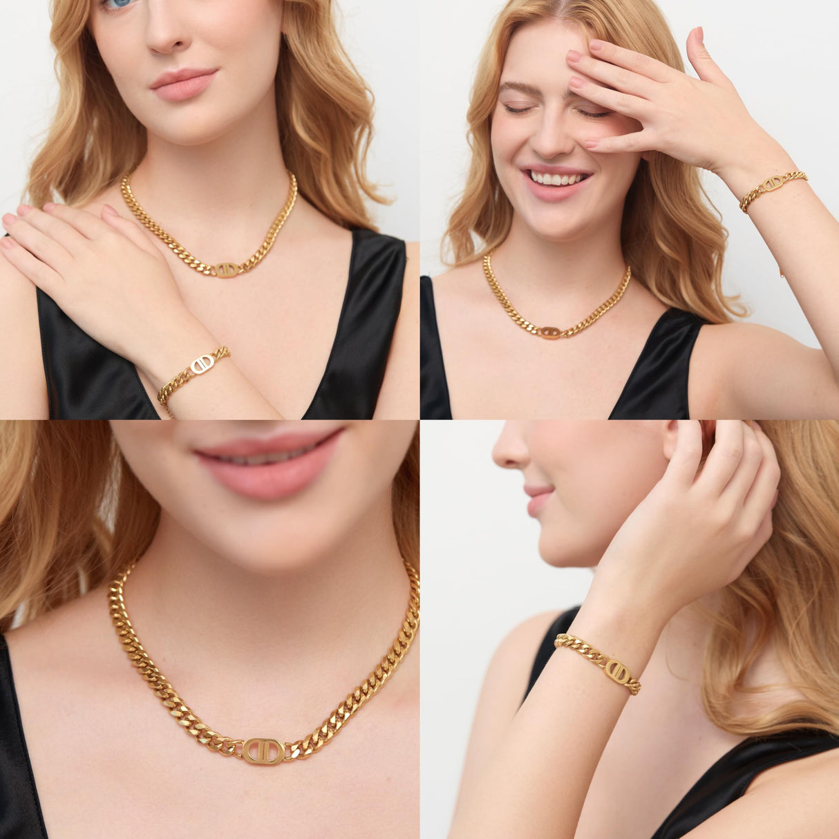 Plerjom Gold Jewelry Set for Women,Classic 18K Gold Ladies' Letter Necklace and Bracelets,Elegant Cuban Chain,Women Valentine Anniversary Birthday Friendship Gift (Fashion)