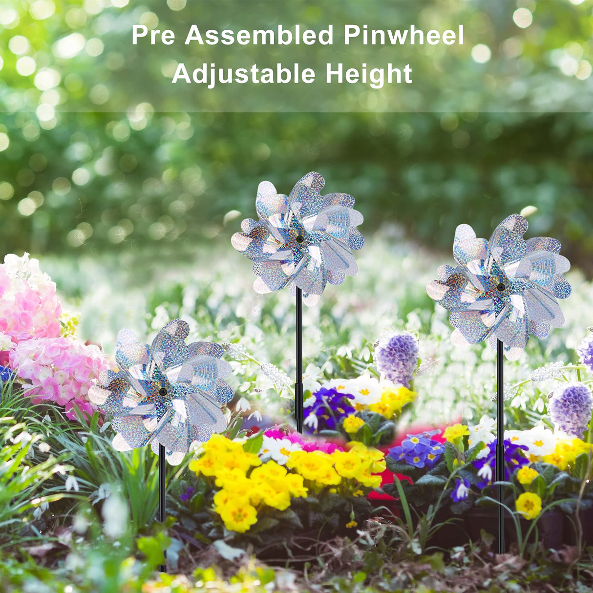 FameFame 10 Pack Reflective Pinwheels with Plastic Stakes| 19.7 inch Pre-Assembled Sparkle Pin Wheel Set | Scare Off Birds and Animals Away | Decorative for Garden, Yard, Lawn