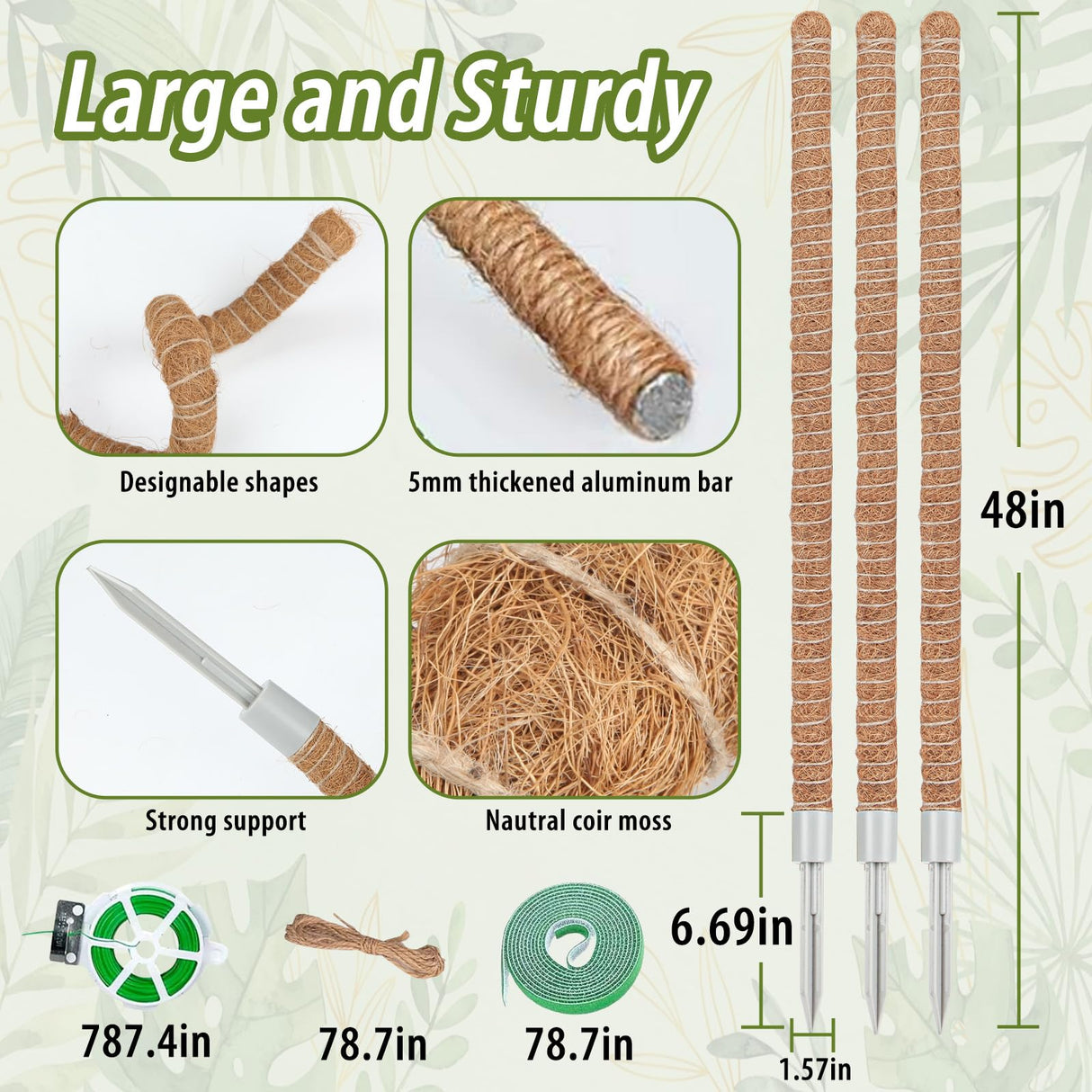 3 Pack Moss Pole, 48 Inch Monstera Plant Support, Moss Poles for Climbing Indoor Plants, Bendable Coco Coir Plant Support Stakes for Potted Plants, Pothos, Philodendron