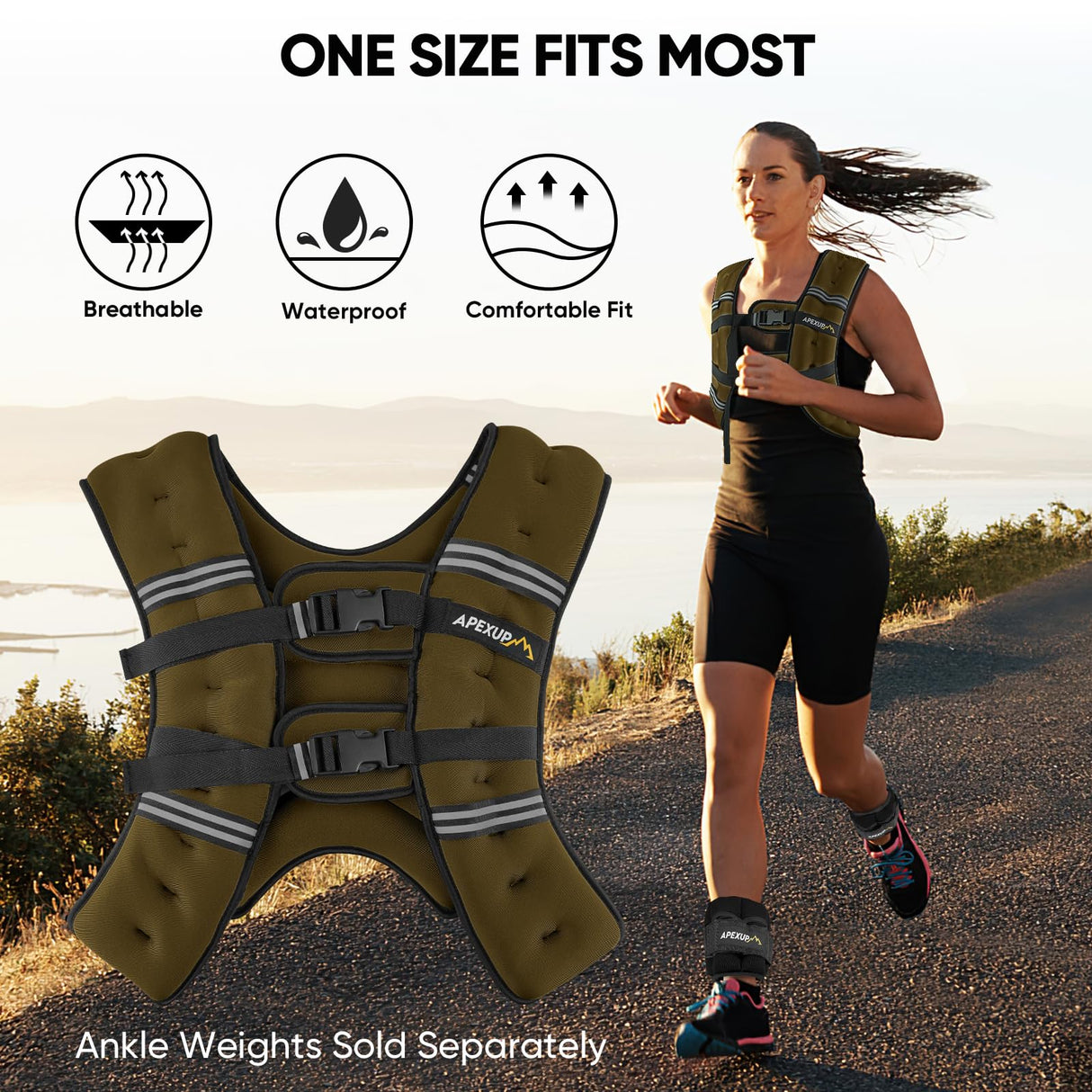 APEXUP Weighted Vest with 5lbs/10lbs/15lbs/20lbs/25lbs/30lbs Weights and Reflective Stripe, Weight Vest Men Women for Workout, Strength Training, Running (Khaki, 15lbs)
