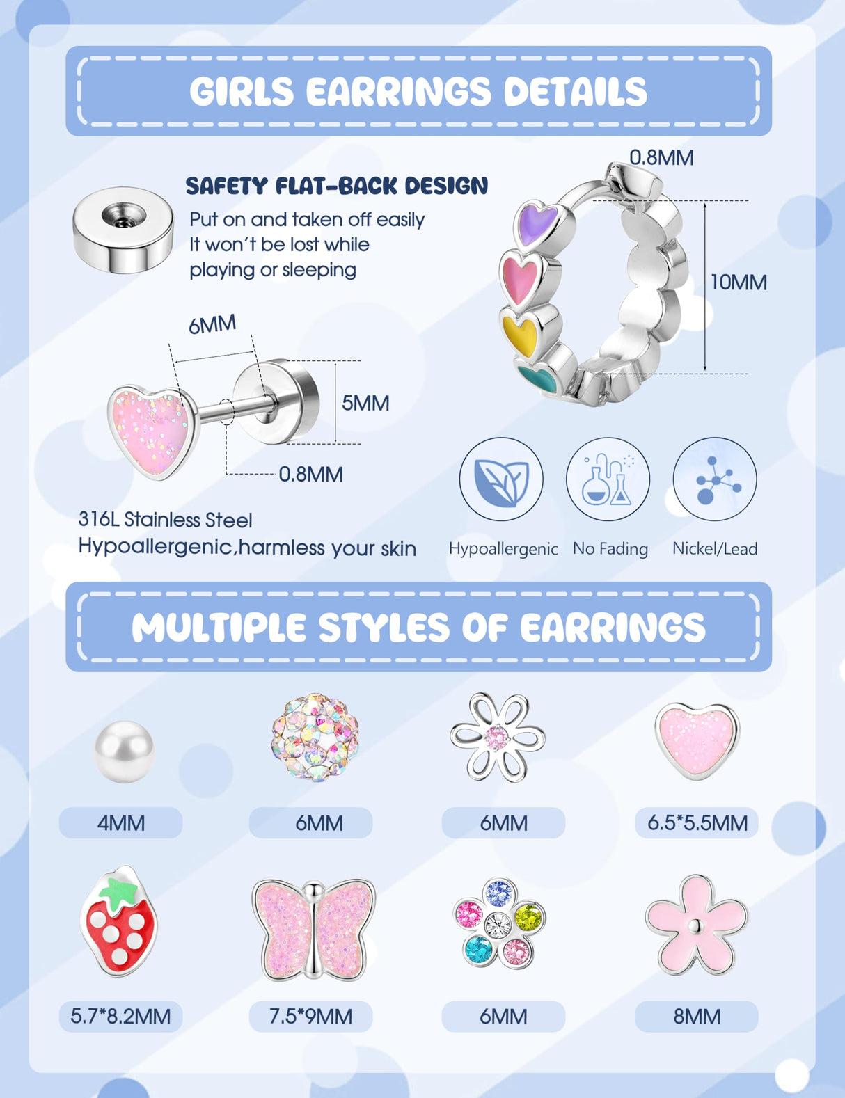 SAILIMUE Hypoallergenic Flat Back Earrings for Girls Kids Toddler Women