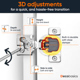 Decobasics 50 Pack Soft Close Cabinet Hinges – 1/2" Overlay for Kitchen Cabinet Doors, Slow Self-Closing Concealed Hidden Hinges for Face Frame –Stainless Steel, 3-Way Adjustable & Quiet Close Damper