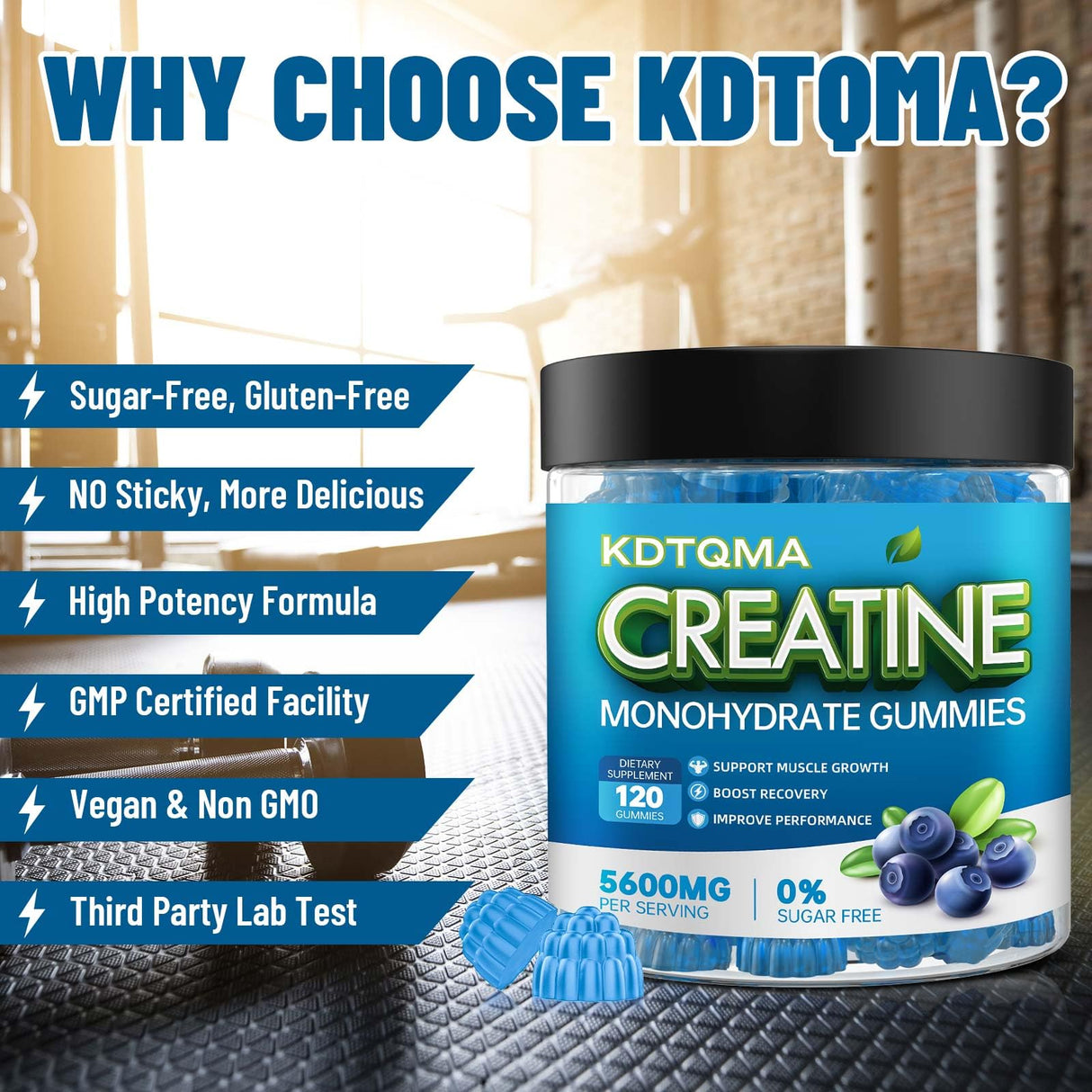 Creatine Monohydrate Gummies for Men & Women 120 CT - 5600mg of Creatine Monohydrate per Serving, Chewable Creatine Monohydrate for Muscle Support & Energy Boost, Sugar Free, Vegan (Blueberry Flavor)
