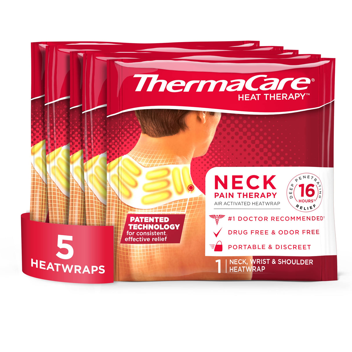 ThermaCare Neck & Shoulder Heat Wraps – Pain Relief Heating Pads for Stiff Muscles & Aches – 16-Hour Drug-Free Therapy – HSA/FSA Eligible – Portable & Discreet, (5 Count)