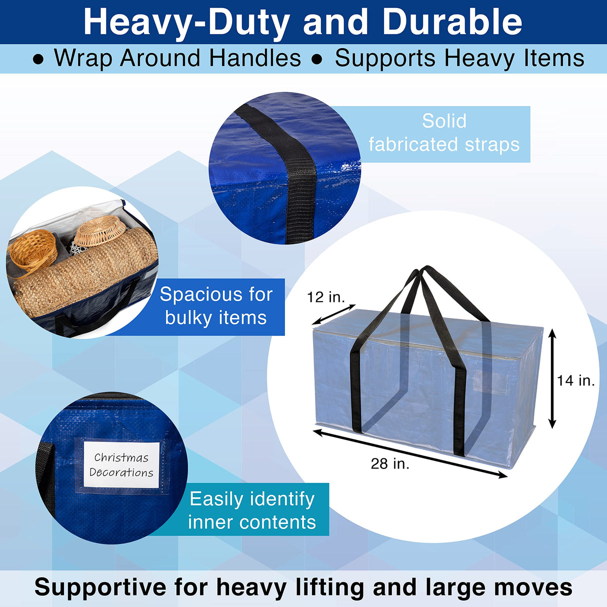 ClearSpace Heavy Duty Moving Bags or Storage Bag – Large Moving Boxes with Backpack Straps, Zippers & Handles – Perfect for Moving, College Dorm, Traveling, Camping, Christmas Decorations, 4 Pack