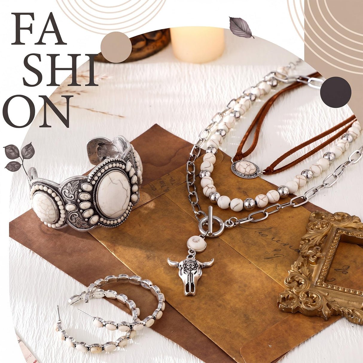 Inbagi 3 Pcs Boho Western Jewelry for Women, White Turquoise, Retro