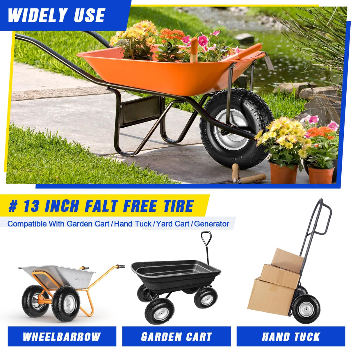 FEILOONG 13 Inch Wheelbarrow Tire Flat Free 4.00-6 Tires, Universal Fit