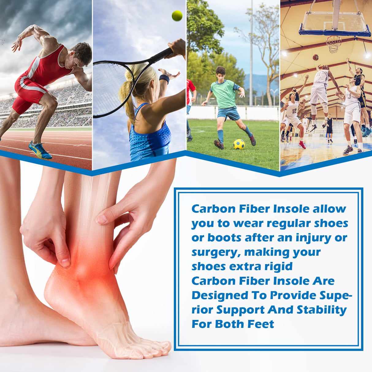 Carbon Fiber Insoles, Rigid Carbon Fiber Shoe Insert 1Pair for Pain Relief & Injury Turf Toe, Foot Fractures, Hallux Rigidus and Limitus for Hiking Running (9.64"-245mm-Men's 8-8.5/Women's 9-9.5)