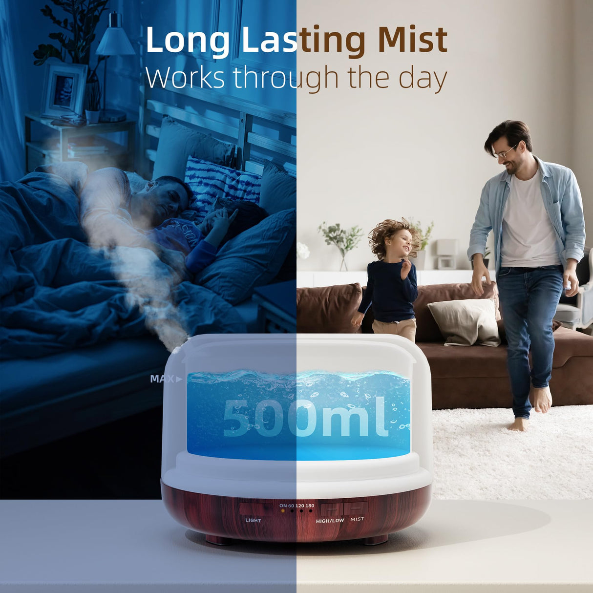 ASAKUKI 500ml Essential Oil Diffuser, Aromatherapy Fragrant Oil Humidifier Vaporizer, 7-Color Light and Auto-Off Safety Switch Reddish-Brown