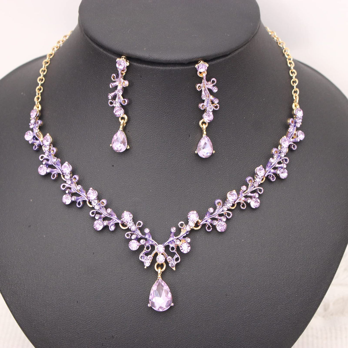 Enrwin 3Pcs Austrian Crystal Jewelry Set for Women, Necklace Dangle Earrings Link Bracelet Jewelry Set with Gold/Platinum/Gun Plated, Wedding Party Jewelry for Bridal Bridesmaid (Violet-Gold Plated)