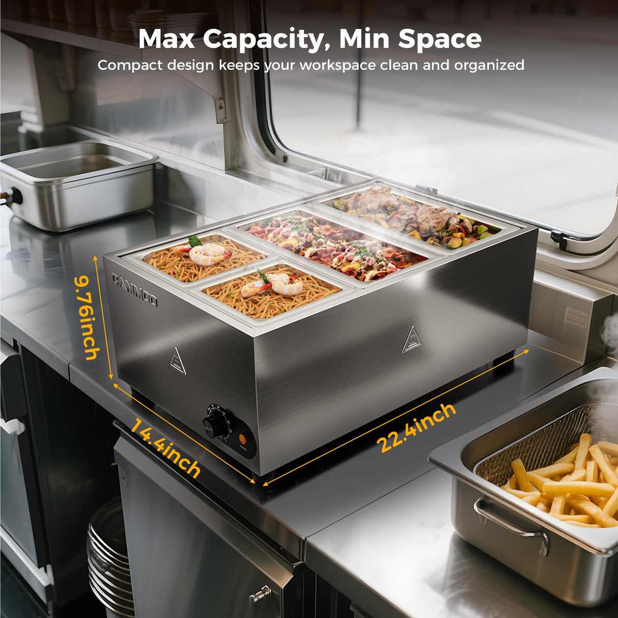 CAMMOO 1200W Electric Steam Table Food Warmer, Bain Marie 86-185°F Adjustable Temp, Countertop Stainless Steel Buffet Steam, Commercial Food Steamer for Catering Restaurant