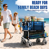 Navatiee 500Lbs Double Decker Wagon, 400L Large Capacity Heavy Duty Beach Cart with 9" Balloon Wheels for Sand, Folding Collapsible Wagon with Side Pocket for Beach, Sport, Camping, Blue