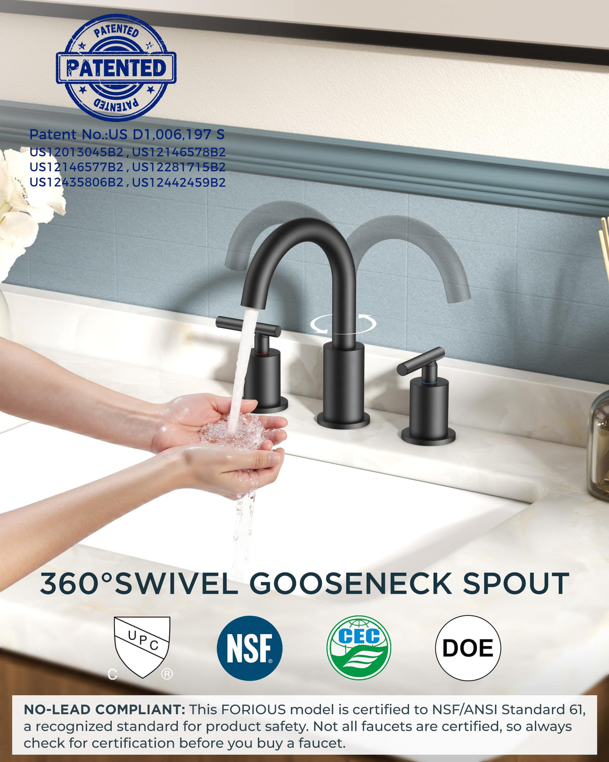 FORIOUS Black Bathroom Faucet 3 Hole, 8 Inch Matte Black Bathroom Sink Faucet Widespread with 360° Swivel Spout, Suitable for 6-12 Inch Vanity Sink, with Pop-up Drain and cUPC Supply Line