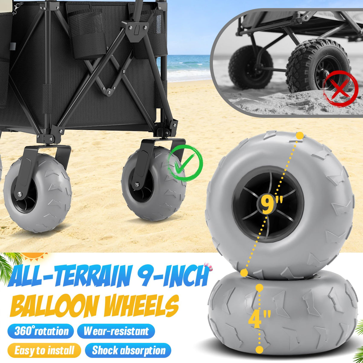 Beach Wagon with Big Wheels for Sand, 350lbs Heavy Duty Folding Wagon, Oversized 180L, 9" PVC All-Terrain Wheels, Adjustable Handle, Cooler & Storage Bags for Beach, Camping & Outdoor Sports (Black)