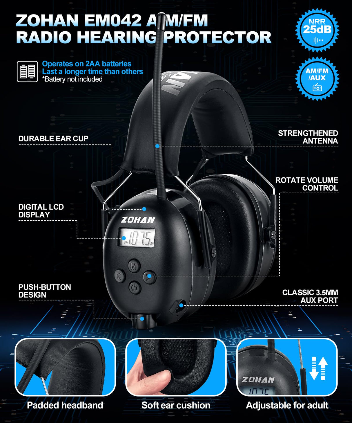 ZOHAN AM/FM Radio Headphone with Digital Display,Ear Protection Noise Reduction Earmuffs,Comfortable Hearing Protector(Black, Radio)