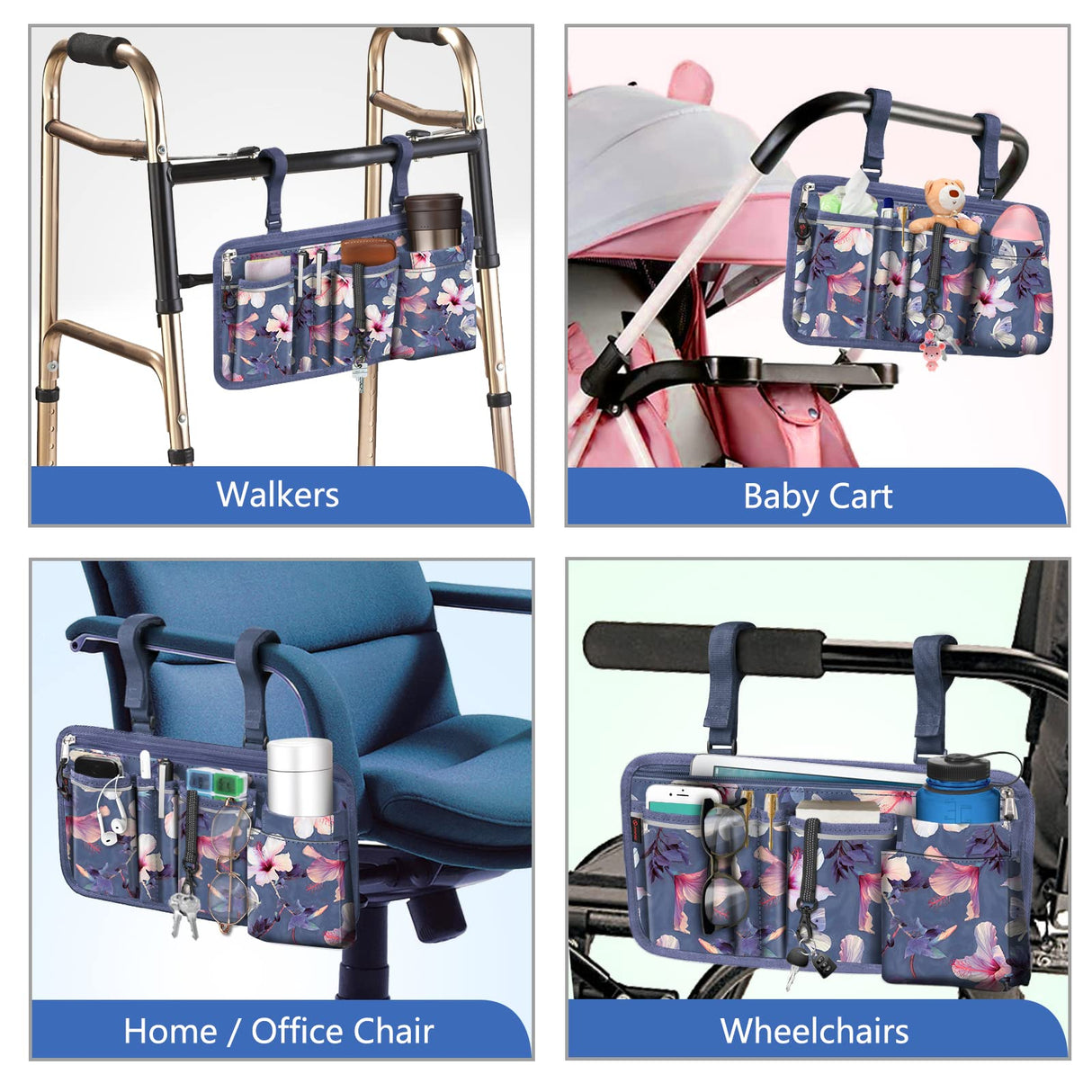 FINPAC Wheelchair Side Storage Bag w/Cup Holder, Wheelchair Armrest Accessories Pouch with Pen Slot and Reflective Strips for Power Walkers, Rollators, Seniors - Blooming Hibiscus