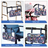 FINPAC Wheelchair Side Storage Bag w/Cup Holder, Wheelchair Armrest Accessories Pouch with Pen Slot and Reflective Strips for Power Walkers, Rollators, Seniors - Blooming Hibiscus