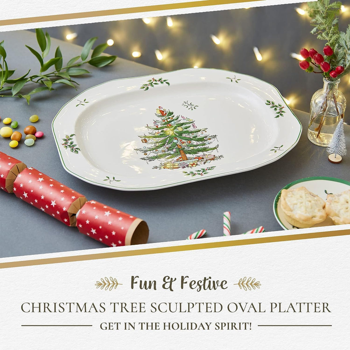 Spode Christmas Tree Sculpted Octagonal Platter, 14-Inch Holiday Serving Platter for Meats, Cheeses & Desserts, Dishwasher & Microwave Safe Christmas Dinnerware with Iconic Tree Design