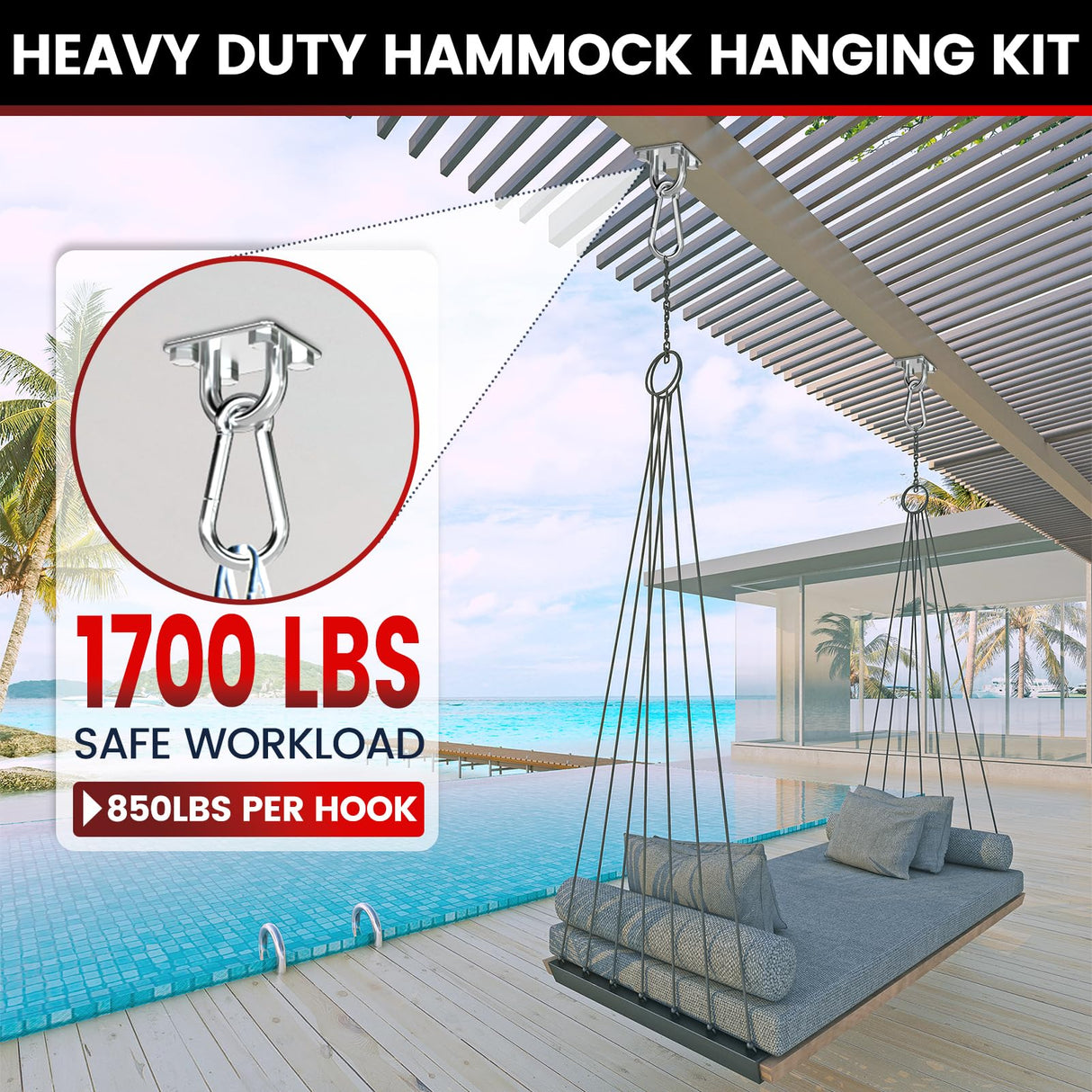 sprookber 304 Stainless Steel Pad Eye Snap Hooks, M10 Heavy Duty Ceiling Hooks, 1700lb Capacity Hammock Swing Hanging kit, Plant Hangers, Marine Hardware Staple Hook Loop with Screws, Set of 8