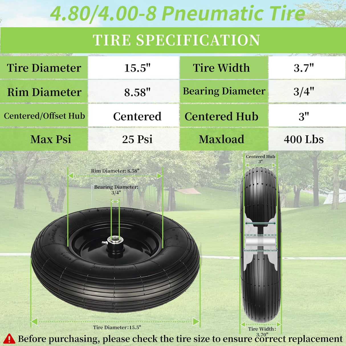 RRQ 4.80/4.00-8 Tire and Wheel, 16" Pneumatic Wheelbarrow Tires, 2 Pack