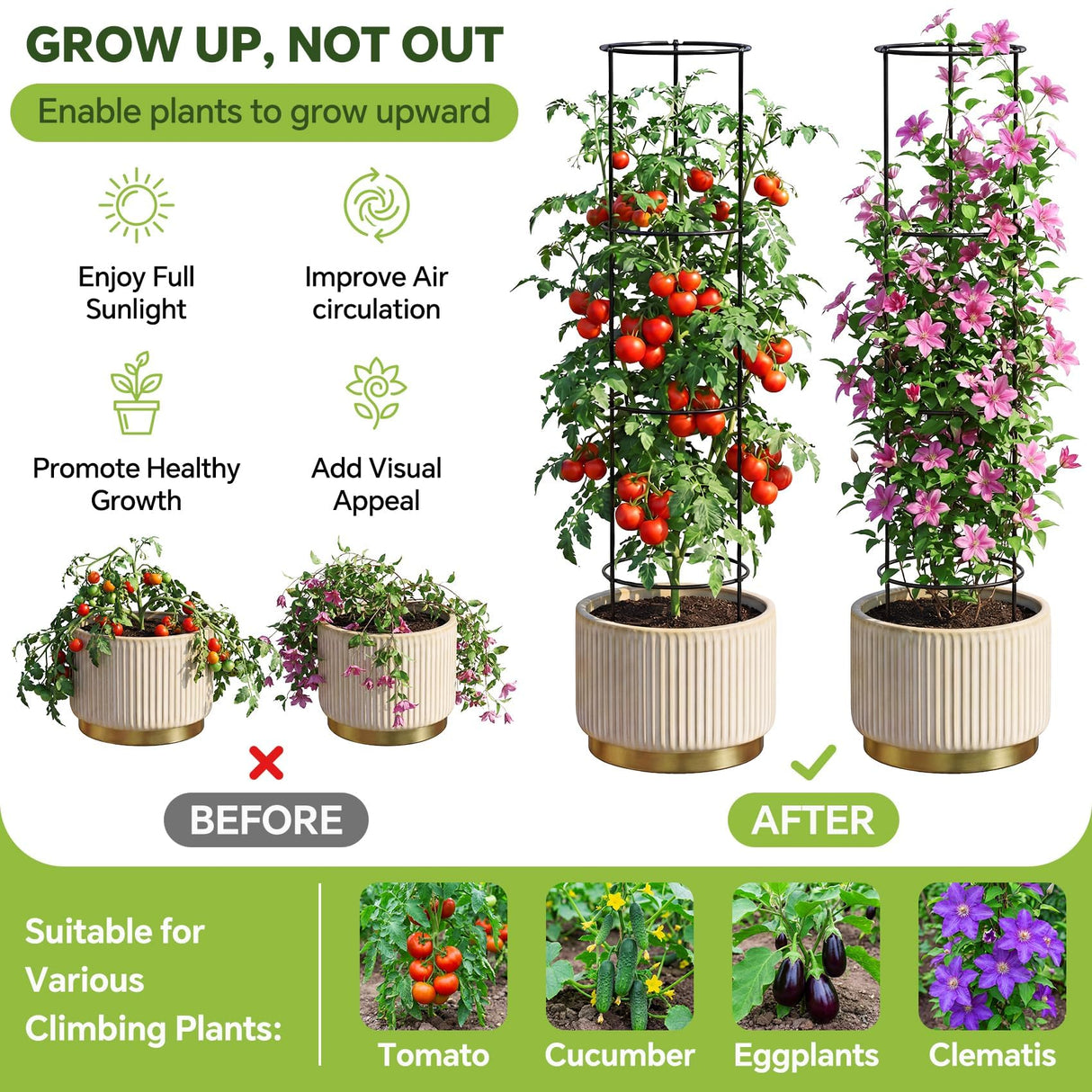 60 Inch Round Tomato Cages for Garden - 2 Pack Heavy Duty Metal Tomato Trellis Plant Support, Adjustable Height & Stackable, Easy Assembly for Outdoor Climbing Plants