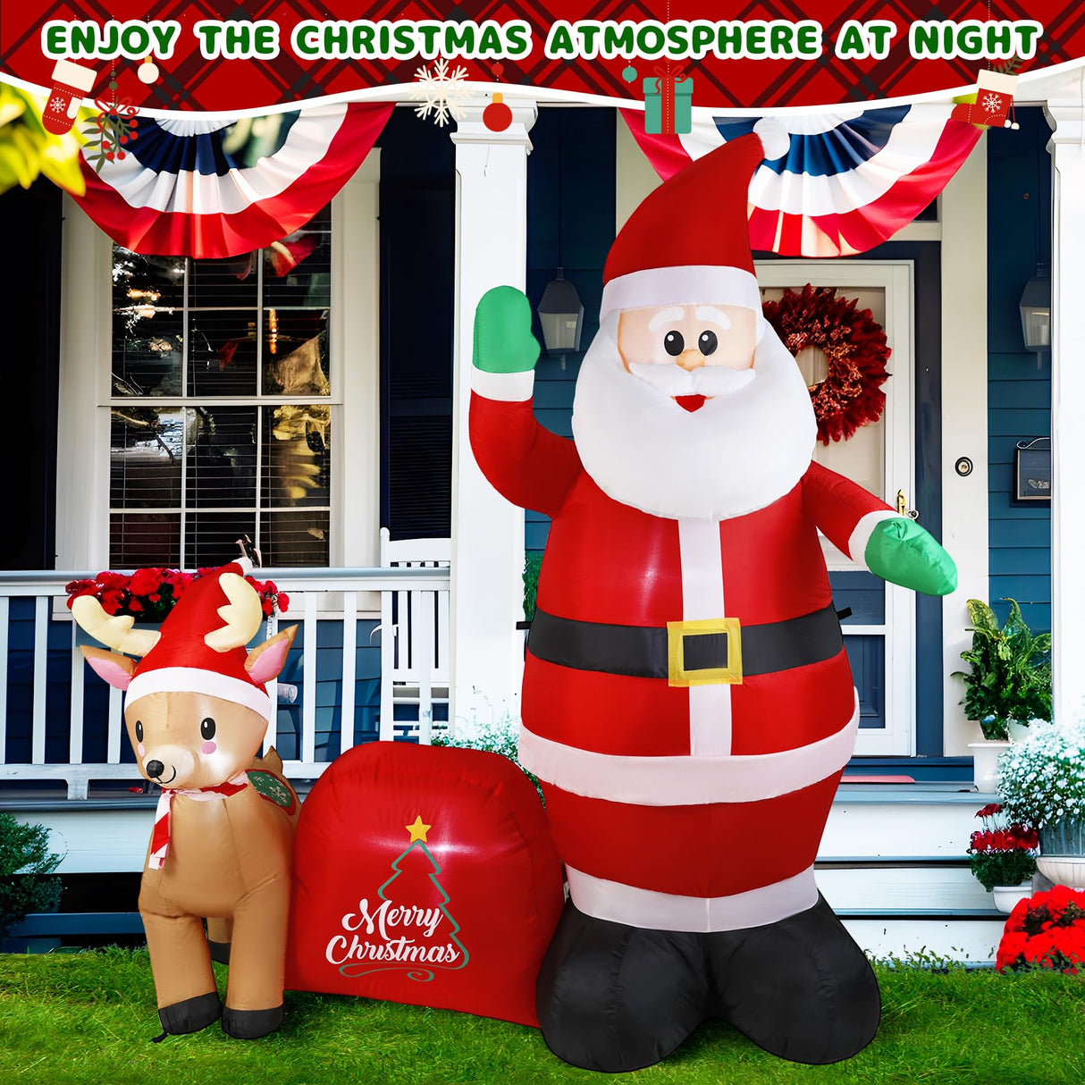 GIFTFIND 7Ft Christmas Inflatable Santa Clau Built-in LED Lights, Outdoor Decoration Santa with Reindeer and Christmas Ball Blow Ups, Holiday Xmas Inflatables Decor for Lawn Yard Garden Outhouse Party