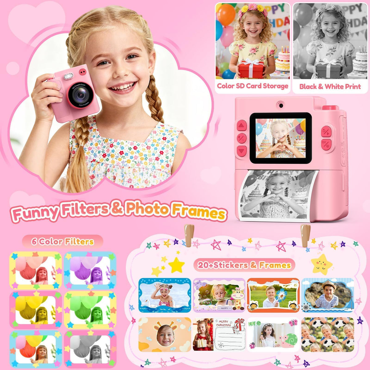 Yunaking Kids Camera Instant Print, Birthday Christmas Girls Gift 3-12 Pink